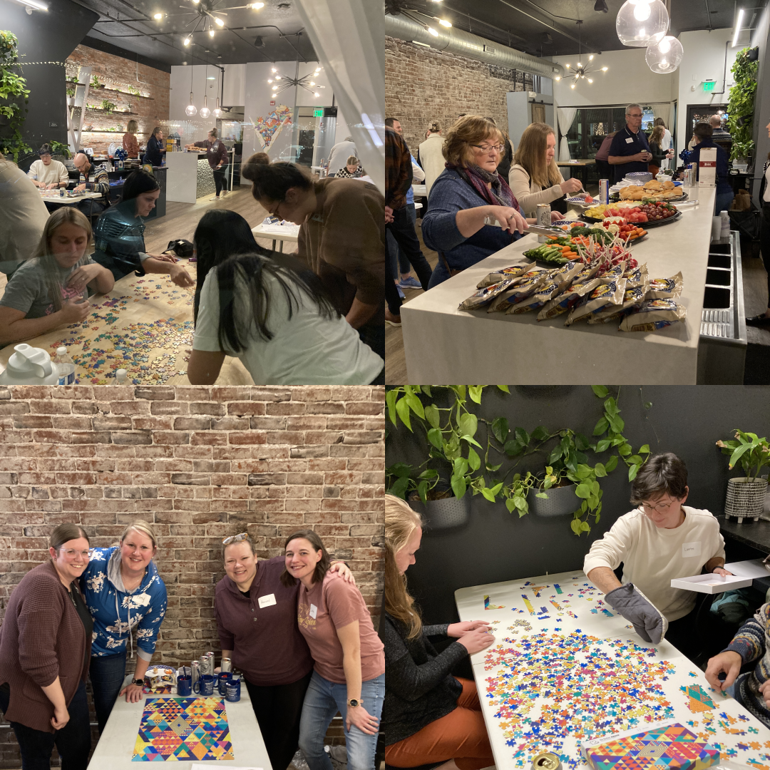 Four images from our Puzzle Event. People grabbing food, assembling a puzzle, assembling a puzzle with Oven Mitts on, and taking a team photo next to their finished puzzle.